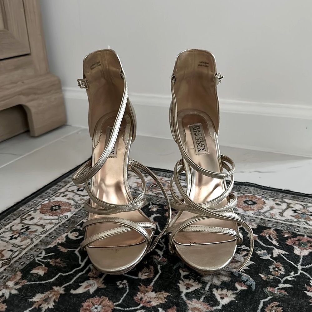 Badgley Mischka Gold Leather Strap Sandal Heels - 7.5
